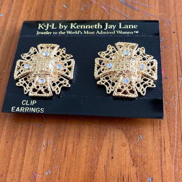 Kenneth Jay Lane KLJ Gold Plated Rhinestone Maltese Cross Clip Earrings - Picture 1 of 2